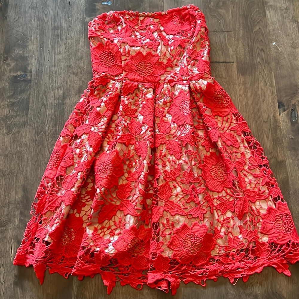 Lush Strapless Red Floral Lace Cutout Cocktail Dress